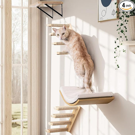 Cat Wall Shelves with Cats Window Perch – 4-Piece Wooden Cat Climbing Furniture Set with Soft Foam Curved Bed, Flat Shelf & 2 Wall 4-Steps Ladders