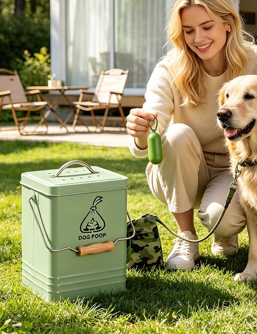 Dog Poop Trash Can Outside, Metal Pet Waste Trash Can with Lid & Handle, 5L/1.3Gal Dog Waste Station with Bag Holder & 30 Bags(Green)