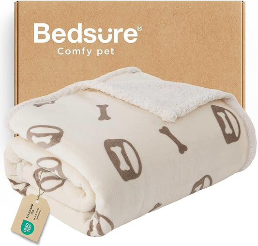 Bedsure Waterproof Dog Blankets for Small Dogs - Soft Print Sherpa Fleece Puppy Cat Blanket Washable, Cozy Plush Reversible Throw Furniture Protector for Pet Kitten Doggy, 25"X35", Beige