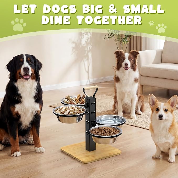 Elevated Dog Bowls Stand - 4 Heights Raised Dog Bowl Large Sized Dog - Dog Feeding Station - Dog Food and Water Bowl Set with Portable Handle - Suitable for Multi-Dog Feeding