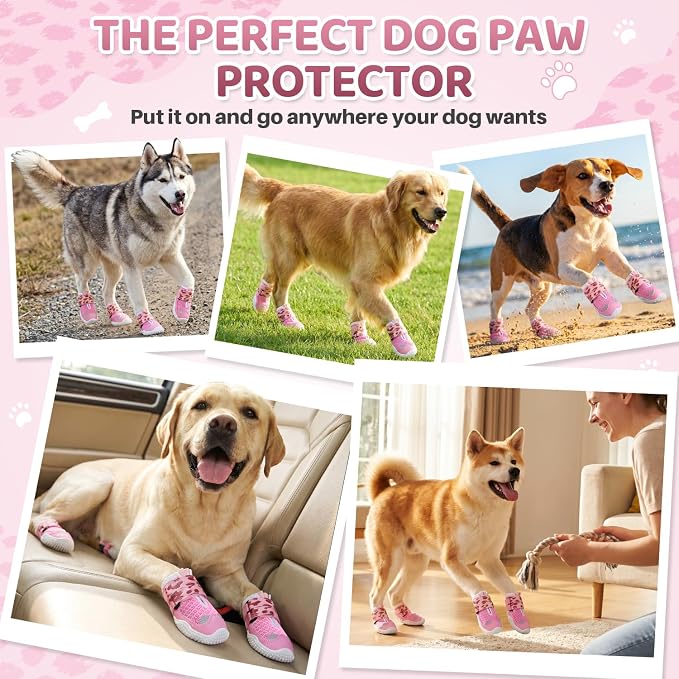 SlowTon Dog Shoes for Large Small Medium Dogs - Breathable Dog Boots for Summer Hot Pavement, Paw Protector for Outdoor Walking Winter Snow, Anti-Slip Rubber Dog Booties for Hardwood Floor (LP PI, 5)