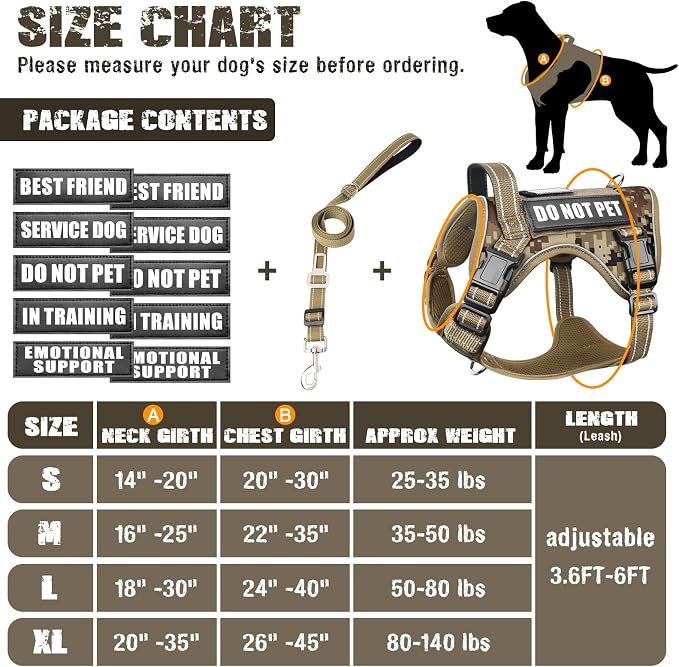 Tactical Service Dog Vest and Leash Set with 10 Patches Camo S | Adjustable No Pull Service Dog Harness for Small Sized Dog with Dog Seat Belt,Reflective Easy Walk for Training Hiking