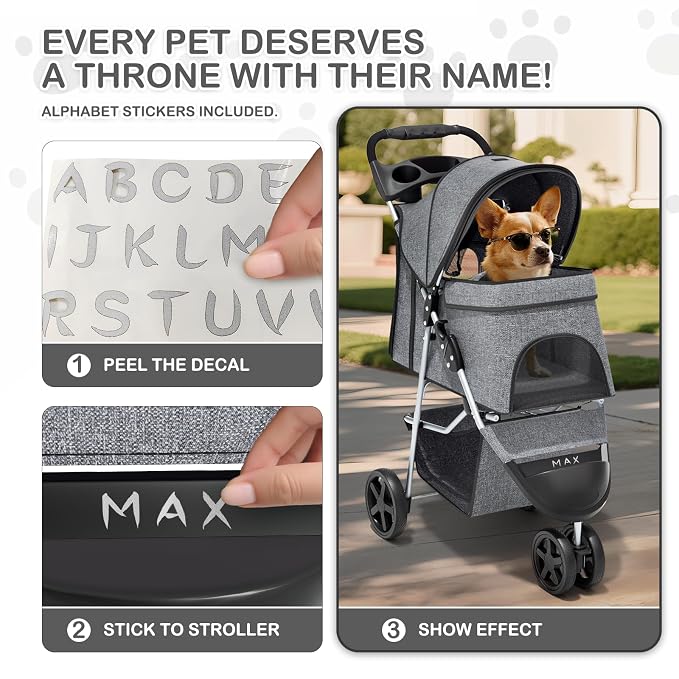 MoNiBloom 3 Wheels Pet Dog Cat Stroller for Small Medium Dogs and Cats, Lightweight Foldable Jogger Stroller w/Storage Basket and Cup Holder, Gray