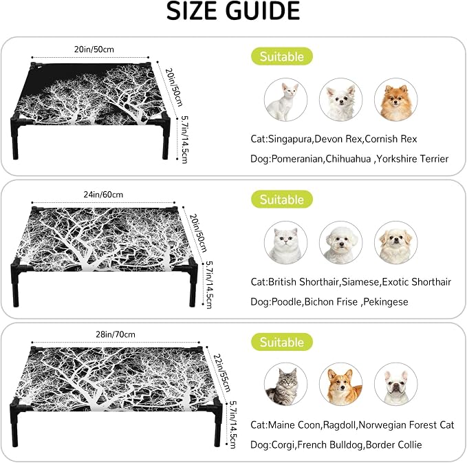 Outdoor Elevated Dog Bed for Large Dogs, Modern Tree Branches Breathable Cooling Raised Dog Cot for Indoor/Outdoor, Contemporary Black Botanical Waterproof Elevated Pet Beds, L 28 x 22 in
