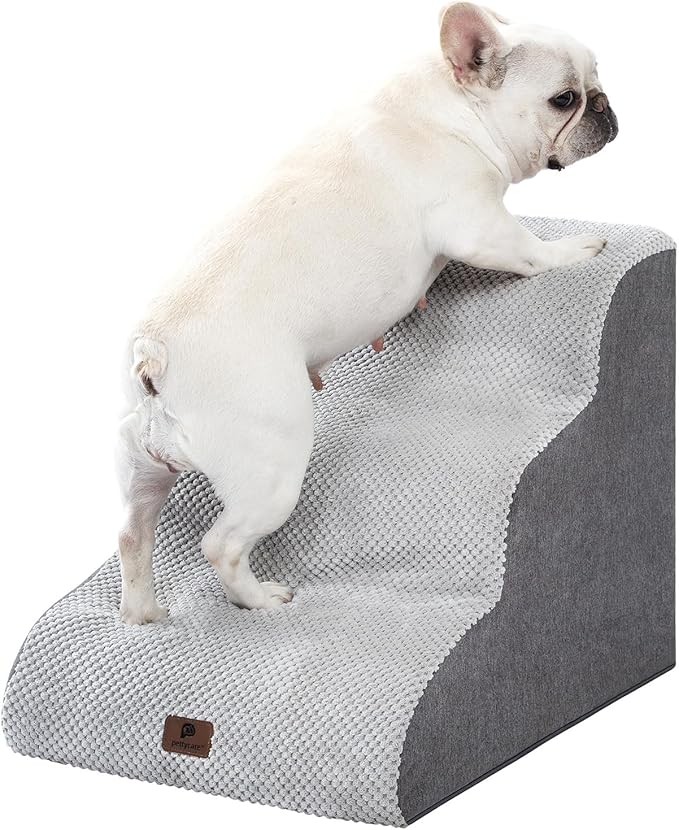 Pettycare Dog Stairs Ramp for High Beds and Couch,Curved Dog Steps for Small Pets, Pet Stairs Non-Slip Balanced Portable Puppy Ramp Indoor, 3 Steps,Grey