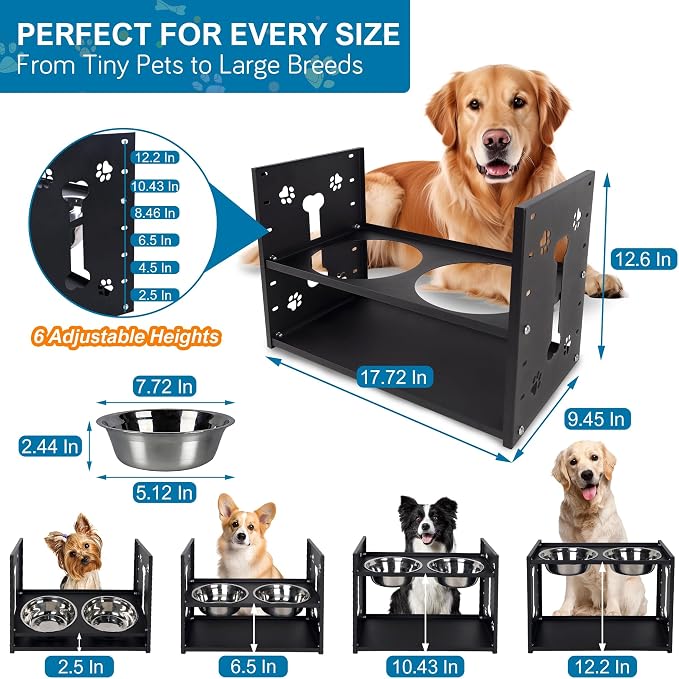 FORUP All-Metal Elevated Dog Bowls, Heavy Duty Cold-Rolled Steel Frame, 6-Height Adjustable Raised Feeder Stand with 2 Stainless Steel Bowls, Anti-Slip Rubber Feet for All Breeds (2.5"-12.2")