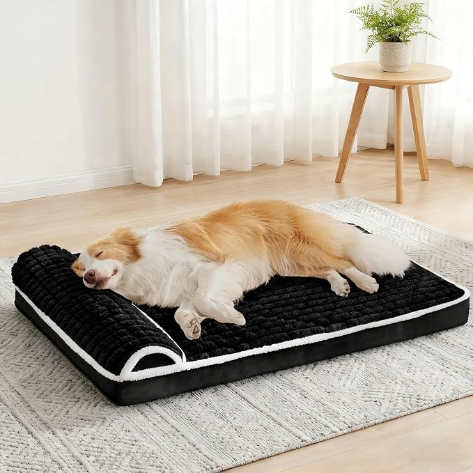 Orthopedic Large Dog Bed Pillow Pet Sofa Bed 42''X28'' Black | Egg-Crate Foam Pet Couch Large Sized Dog, Waterproof Removable Washable Cover,Furry Puppy Crate Mat With Nonskid Bottom