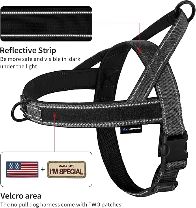 Annchwool No Pull Dog Harness with Soft Padded Handle-Reflective Strip Escape Proof and Quick Fit to Adjust Dog Harness-Easy for Training Walking for Small & Medium and Large Dogs(Black,XS,1 In Width)