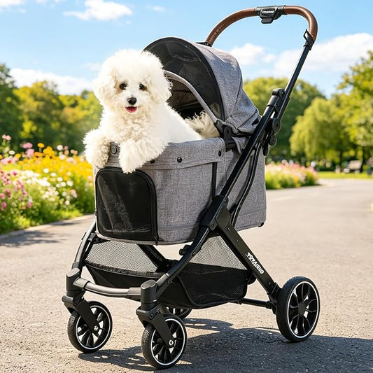 797Audio Dog Stroller for Small Medium Dogs, Pet Stroller for Cats Puppy Up to 121lbs,Foldable,One Click Folding,4 Wheel Shock Absorption,Adjustable Canopy with Sun Shades,Removable Washable Pad(Grey)