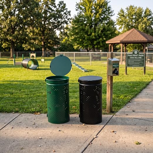 10 Gallon Galvanized Dog Waste Trash Can, Green | Durable galvanized steel pet waste bin with wall post and ground installation options, ideal for parks, yards and communities