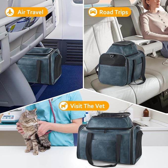 Premium Leather Top Expandable Pet Carrier for Small Dogs & Cats Under 15 lbs, Airline Approved Collapsible Soft-Sided Luxury Travel Bag Blue