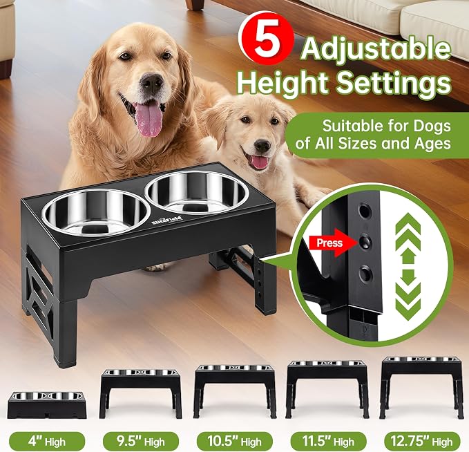 EliteField Elevated Dog Bowls, 2 Stainless Steel Bowls (2-Year Warranty) | 58 oz Bowls, 5 Adjustable Heights, Small to Large Dogs, Foldable, Dishwasher Safe, Anti-Slip Feet