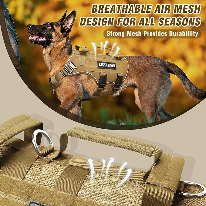 Air Mesh Tactical Dog Harness with Metal Buckles&MOLLE,Brown XL | Breathable Adjustable No Pull Service Dog Vest with 3 Padded Handles,Military Dog Harness for Training Hiking Hunting Working