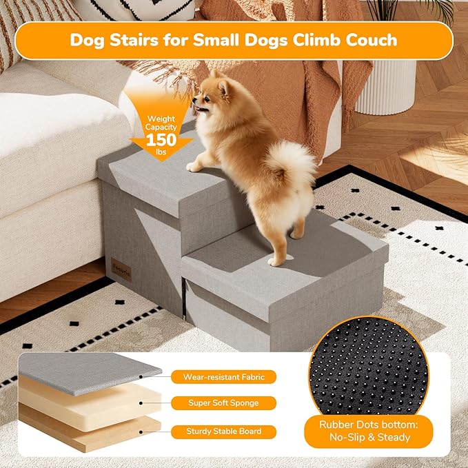 2-Step Wide Dog Stairs with Storage 11" H, Non-Slip Sturdy Pet Steps for Couch Chair, Dog Steps for Small/Medium Old Dogs, Cats, Rabbits Up to 150lbs, Foldable Cat Puppy Stairs for Car, Grey