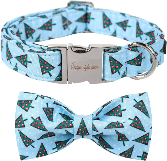 Unique Style Paws Christmas Day Dog Collar with Bow Christmas Tree Cotton Puppy Collars for Small Medium Large Dogs