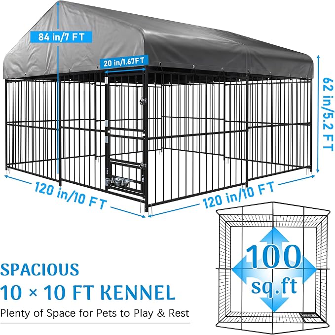 Redlife 10x10 FT Heavy-Duty Outdoor Dog Kennel with Roof | 84" Tall Steel Tube Dog Cage, 360° Rotating Feeding Bowls, Double Door Design, Waterproof Cover, Large Backyard Dog Enclosure
