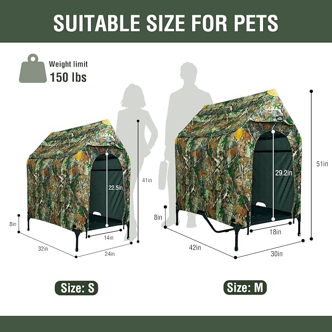 Privacy Outdoor Dog House & Elevated Bed 2-in-1, UPF50+ Sun Rain Protection, Breathable Camping Pet Tent with Cover, Portable for Indoor & Backyard Use（M）