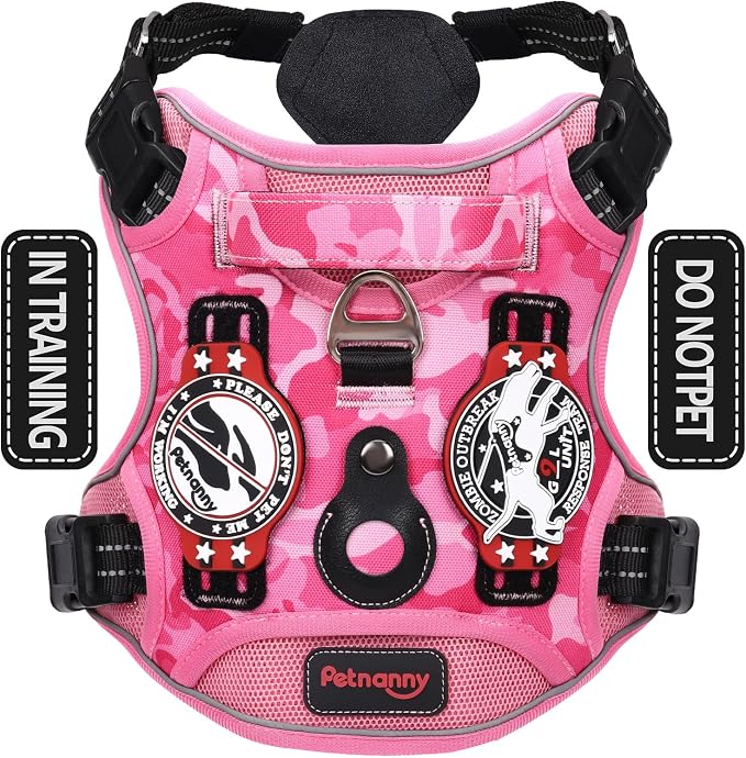 Petnanny Tactical Dog Harness No Pull Service Dog Vest M Pink Camo | Tactical Dog Vest with breathable mesh & hook loop panel, no pull harness for walking training, adjustable fit