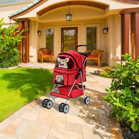 Pet Stroller for Small Medium Dogs & Cats, 4-Wheel Breathable Compact Foldable Dog Carrier with Storage Basket, Outdoor Portable Lightweight Travel Stroller for Camping,Red