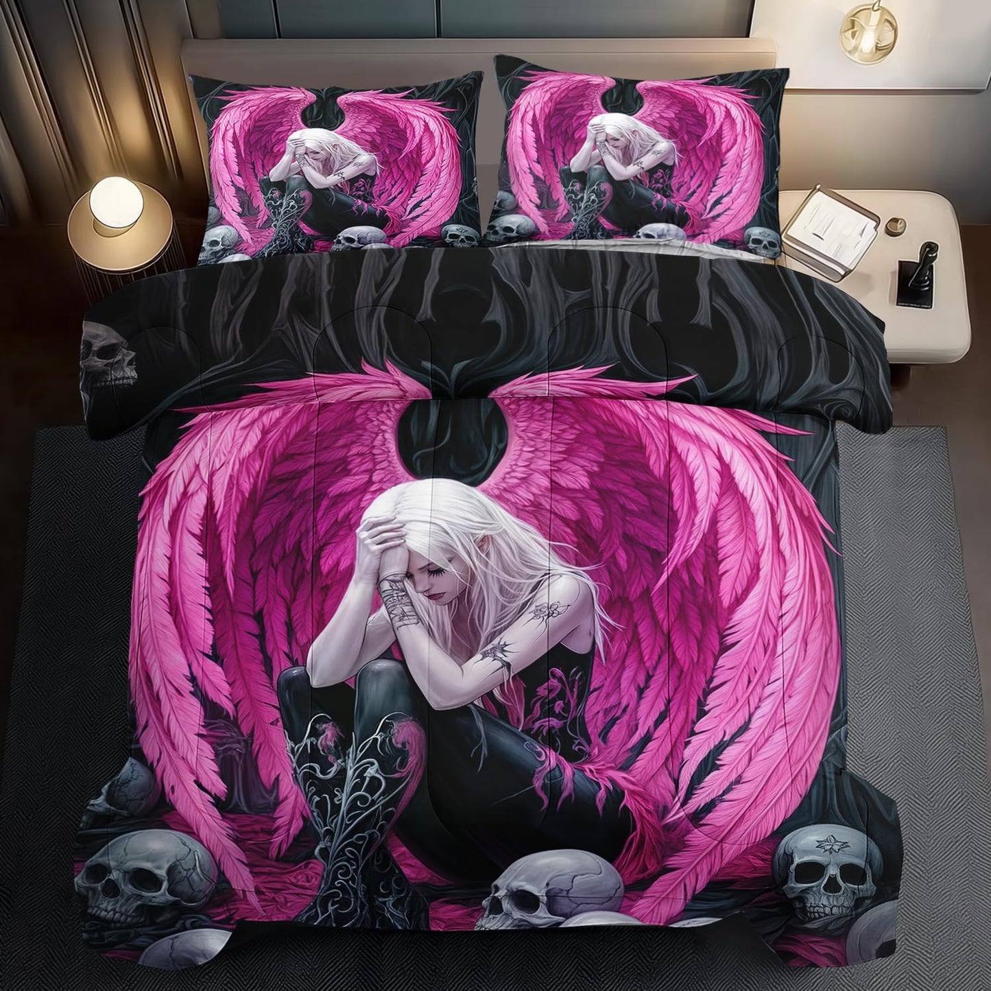 Gothic Skull Comforter Set King for Adults,Angel Wings Bedding Set Pink for Girls,Sexy Angel Comforter Bedroom Decor Teen,Gothic Skull Bedding Decor Pink Wings Quilt