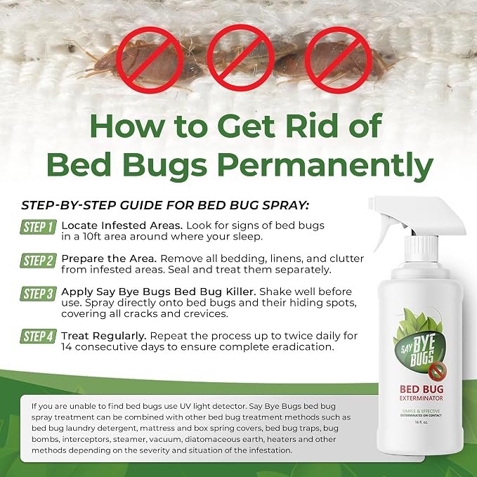 Bed Bug Spray for Getting Rid of Bed Bugs Permanently. Say Bye Bugs - a Non-Toxic, Kill on Contact Bed Bug Treatment That Doesn't Stain & is Odor Free. Simply Shake & Spray (1x 128oz).