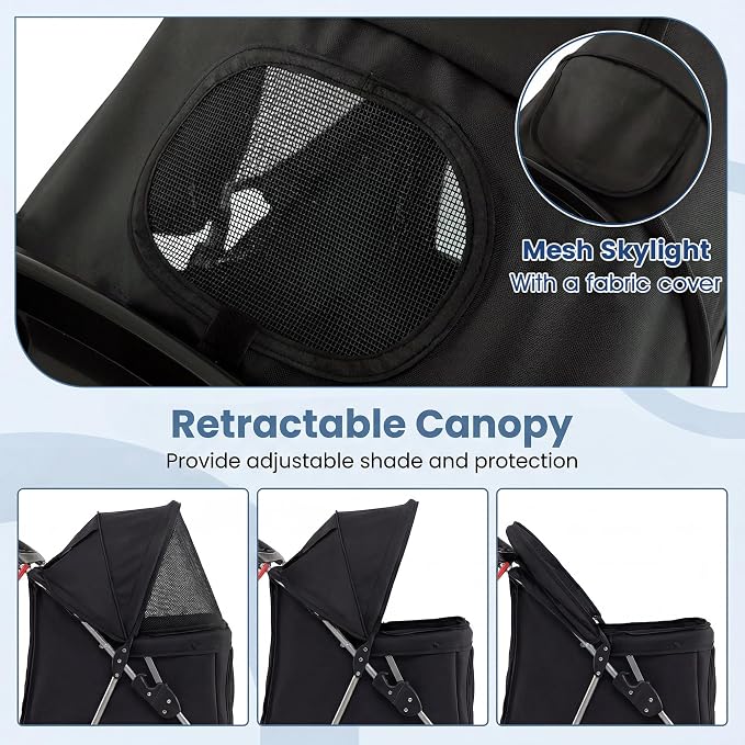 Giantex 3 Wheel Foldable Dog Stroller for Small Dogs Cats, Lightweight Pet Stroller with Lockable Wheels, One-Hand Quick Fold, Mesh Windows, Safety Leash & Storage Basket, Pet Travel Stroller (Black)