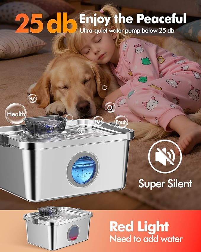 Dog Water Fountain, 12L/406oz Stainless Steel Pet Water Fountain for Large Dogs Cats, Quiet Dog Fountain Water Bowl, Visual Water Level 4 Filtration, Wide Deeper Drinking Area for Multi-Pet Home