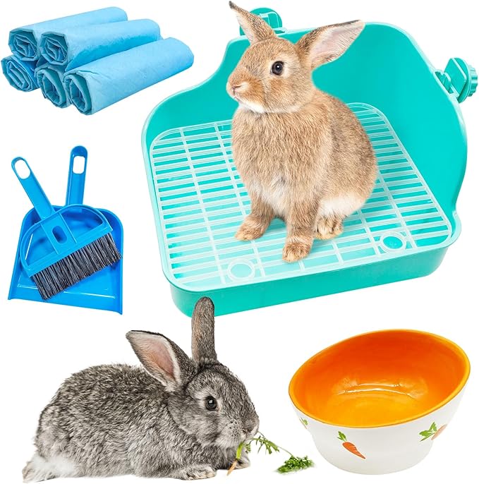 PINVNBY Multi-Purpose Plastic Rabbit Litter Box Set, 5 Disposable Pet Pads, Mini Broom & Dustpan, Ceramic Rabbit Feeding Bowl - Ideal for Rabbits, Guinea Pigs