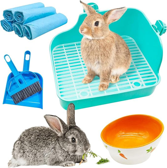 PINVNBY Multi-Purpose Plastic Rabbit Litter Box Set, 5 Disposable Pet Pads, Mini Broom & Dustpan, Ceramic Rabbit Feeding Bowl - Ideal for Rabbits, Guinea Pigs