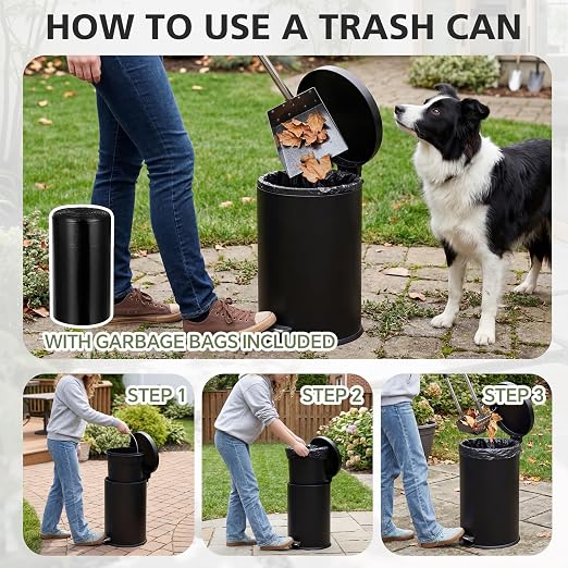 Lounsweer Dog Poop Trash Can Outside, 20L/5.3 Gallon Stainless Steel Dog Waste Can with Foot Pedal, Removable Inner Bucket, 3-Piece Pooper Scooper Set, 6 Activated Carbon Filters & 50 Waste Bags