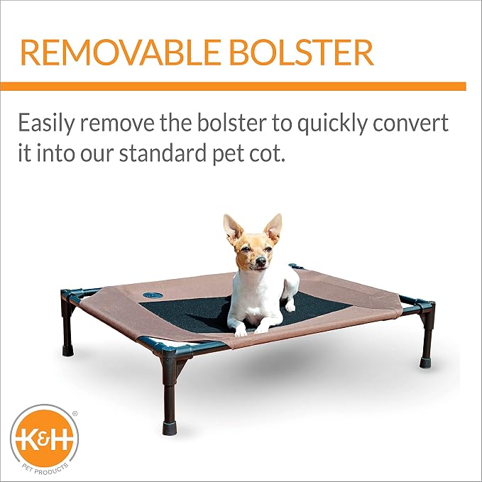K&H Outdoor Elevated Dog Bed, Bolster Pet Cot, Medium 32x25in, Chocolate | Pet Cot for Medium & Large Pets, Washable Mesh Center Hammock with removable Washable Bolsters, Indoor / Outdoor Dog Bed