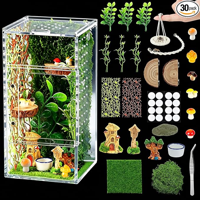 Jumping Spider Enclosure Kit, Small Acrylic Reptile Terrarium with Magnetic Door, Bug Habitat with 30 Pcs Jumping Spider Accessories for Tarantula, Mantis, Small Reptiles, 4" x 4" x 8"