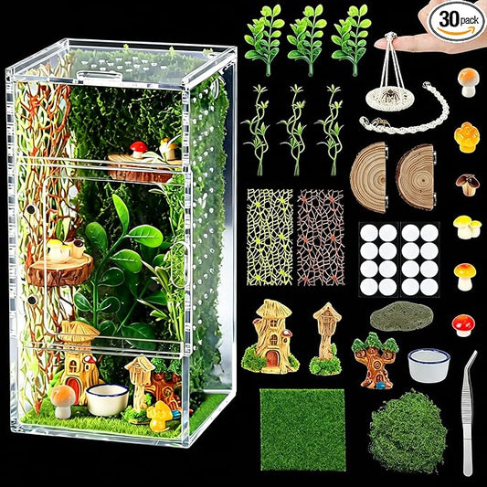 Jumping Spider Enclosure Kit, Small Acrylic Reptile Terrarium with Magnetic Door, Bug Habitat with 30 Pcs Jumping Spider Accessories for Tarantula, Mantis, Small Reptiles, 4" x 4" x 8"