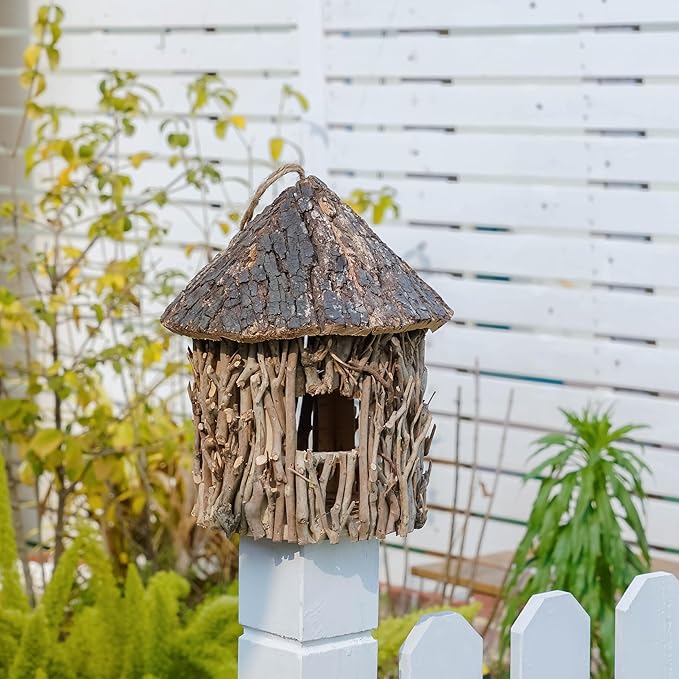 Twig-Covered Cylinder Birdhouse Squirrel House, 2.4" Entry for Medium Birds, Natural Branch Exterior & Waterproof Interior, Woodland Garden Backyard Decor