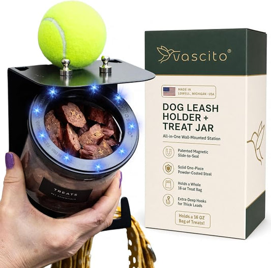 Dog Leash Holder for Wall with Shelf - Wall Mounted Dog Treat Holder & Station, 1 Airtight 16oz Treat Container, 6 Hooks, Patented Lidless Slide-to-Seal Jar, Solid Steel, Made in USA