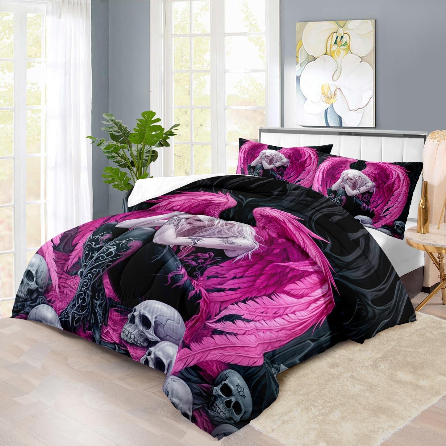 Gothic Skull Comforter Set Full for Adults,Angel Wings Bedding Set Pink for Girls,Sexy Angel Comforter Bedroom Decor Teen,Gothic Skull Bedding Decor Pink Wings Quilt
