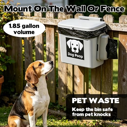 Rainmae Dog Poop Trash Can Outside, Dog Poop Trash Can, 2 Gallon Hanging Dog Poop Bin with Lid and Trash Bag Dispenser, Plastic Garbage Container for Fence, Counter Top, Yard and Outdoor Activities