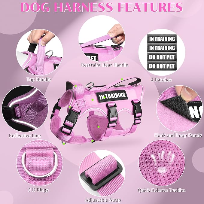 Escape Proof Dog Harness with Double Handle+4 Removable Patches | Service Working Molle Harness with Double Handle for Medium Dogs, Tactical Pet Reflective Vest for Walking Hiking Hunting