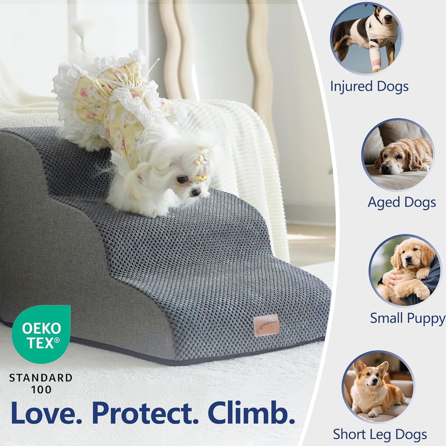 GoGoBunny Ramp Dog Stairs for Couch Sofa and Chair 15.7" H, 3-Step Pet Steps for Small Dogs and Cats, Non-Slip Waterproof Fabric Cover, Stable and Balanced Indoor Step, Pets Friendly, Grey