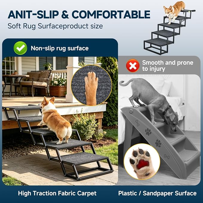Dog Ramp for Car, Foldable Dog Steps for Car with Non-Slip Surface, Dogs Stairs for Cars, High Beds, Truck, Supports up to 250lbs, 5 Steps