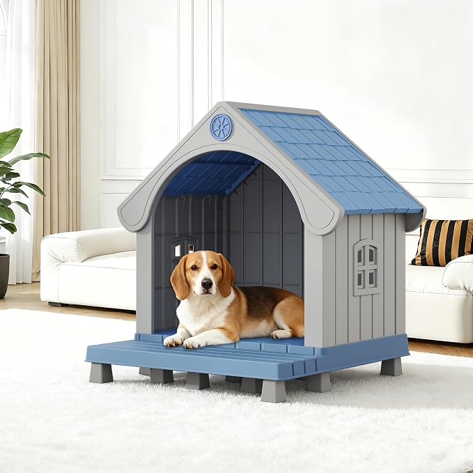 Bifanuo Dog House Outdoor Weatherproof with Porch for Small Medium Dogs, Durable Plastic Pet House with Sloping roof and Elevated Floor, Easy Cleaning and Assemble (Blue, 32.95"D x 31.5"W x 37.88"H)