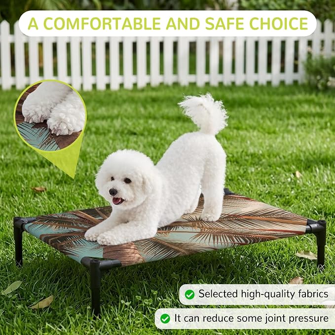 Outdoor Elevated Dog Bed for Large Dogs, Summer Palm Tree Breathable Cooling Raised Dog Cot for Indoor/Outdoor, Tropical Plants Botanical Trees Waterproof Elevated Pet Beds, L 28 x 22 in