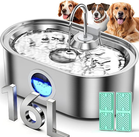4.2Gal Extra Large Dog Water Fountain, 16L Stainless Steel Pet Water Fountain for Large Dogs, No Spill Dog Water Bowl Dispenser with Deeper Wider Bowl, 68-Cup Water Tank for Multi-Pet