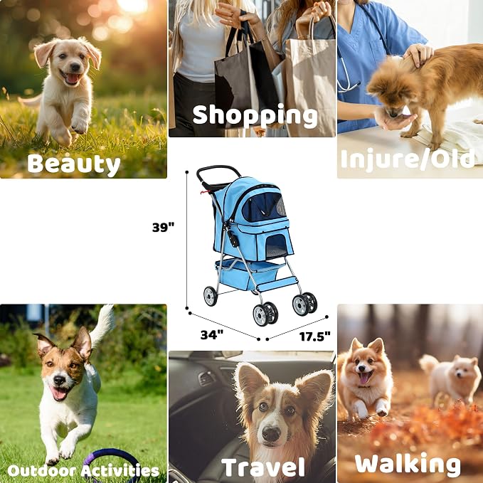 Pet Stroller for Small Medium Dogs & Cats, 4-Wheel Breathable Compact Foldable Dog Carrier with Storage Basket, Outdoor Portable Lightweight Travel Stroller for Camping,Blue