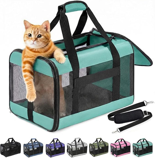 Conlun Cat Carrier Airline Approved, Soft-Sided Dog Carrier with Inner Safety Leash, Pet Transport Carrier for Small-Medium Cats Puppies up to 15 Lbs,Travel Kitten Carrier Bag -Turquoise,M