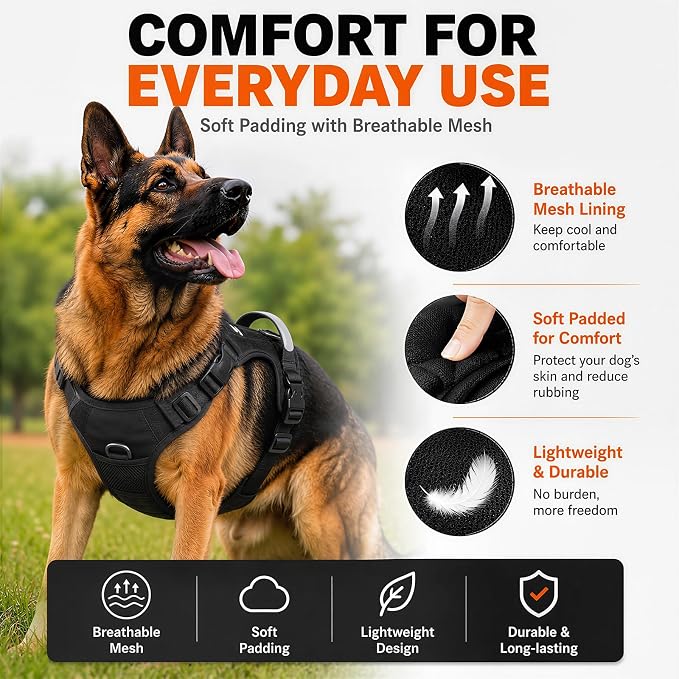 Heavy Duty Dog Harness for X-Large Dogs, No Pull Tactical Reflective Vest | 3 Point Locking Buckles, Dual Leash Clips, Handle, Reflective Strips, Hook & Loop Panel, Metal D Ring, Adjustable (Khaki)