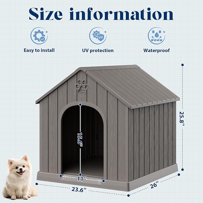 Dog House Outdoor, Plastic Small Dog House-Weatherproof Design with Air Vents & Elevated Floor for Small to Medium Dogs, Easy Clean and Assemble (Standard Grey, 26.18''L × 24.03''W × 25.98''H)
