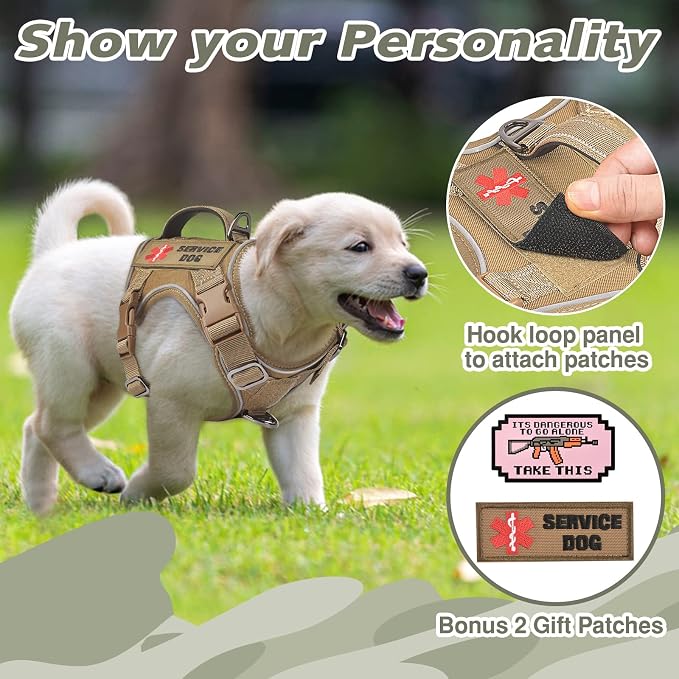 Tactical Dog Harness for Small Dogs, Adjustable No Pull Military Vest with Padded Vertical Handle, Reflective MOLLE Panels and 2 Patches, Khaki, XS