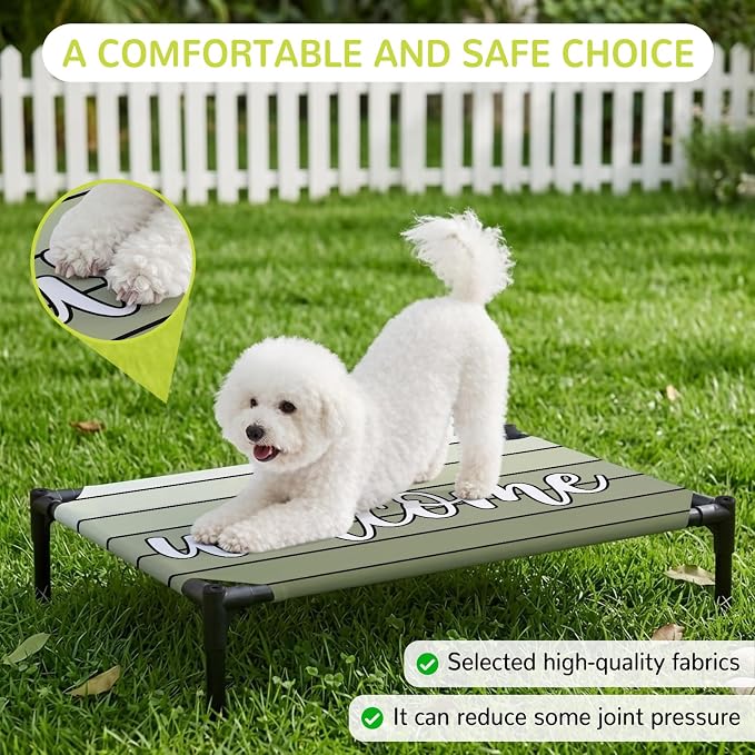 Outdoor Elevated Dog Bed for Medium Dogs, Sage Green Wooden Grain Breathable Cooling Raised Dog Cot for Indoor/Outdoor, Gradient Farmhouse Wood Plank Waterproof Elevated Pet Beds, M 24 x 20 in