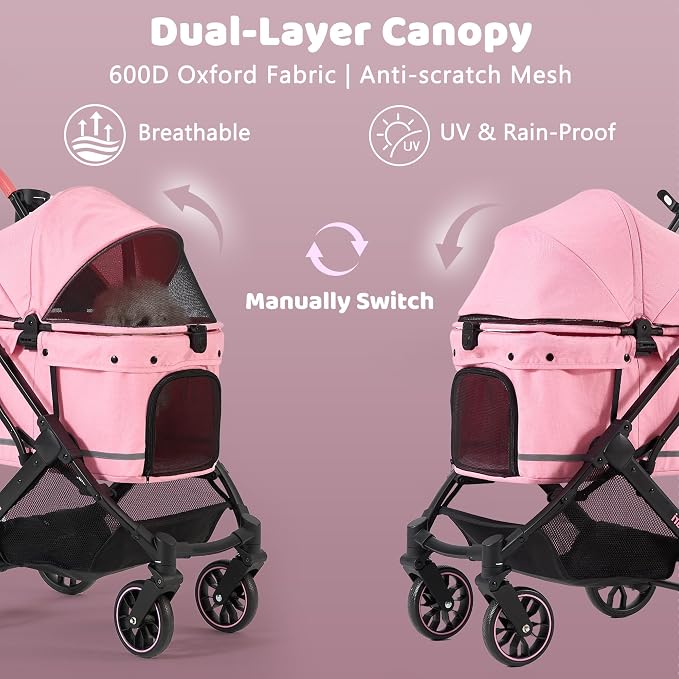 All-Terrain Dog Stroller for Small to Medium Dogs, Pet Stroller for Dogs & Cats Outdoor Walks, One-Hand Easy Fold, Double-Layer Anti-UV & Waterproof Canopy & Breathable Mesh, Sakura Pink